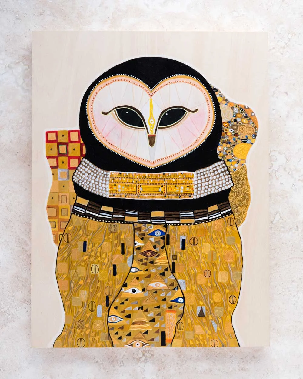'Owl In Gold' on wood panel