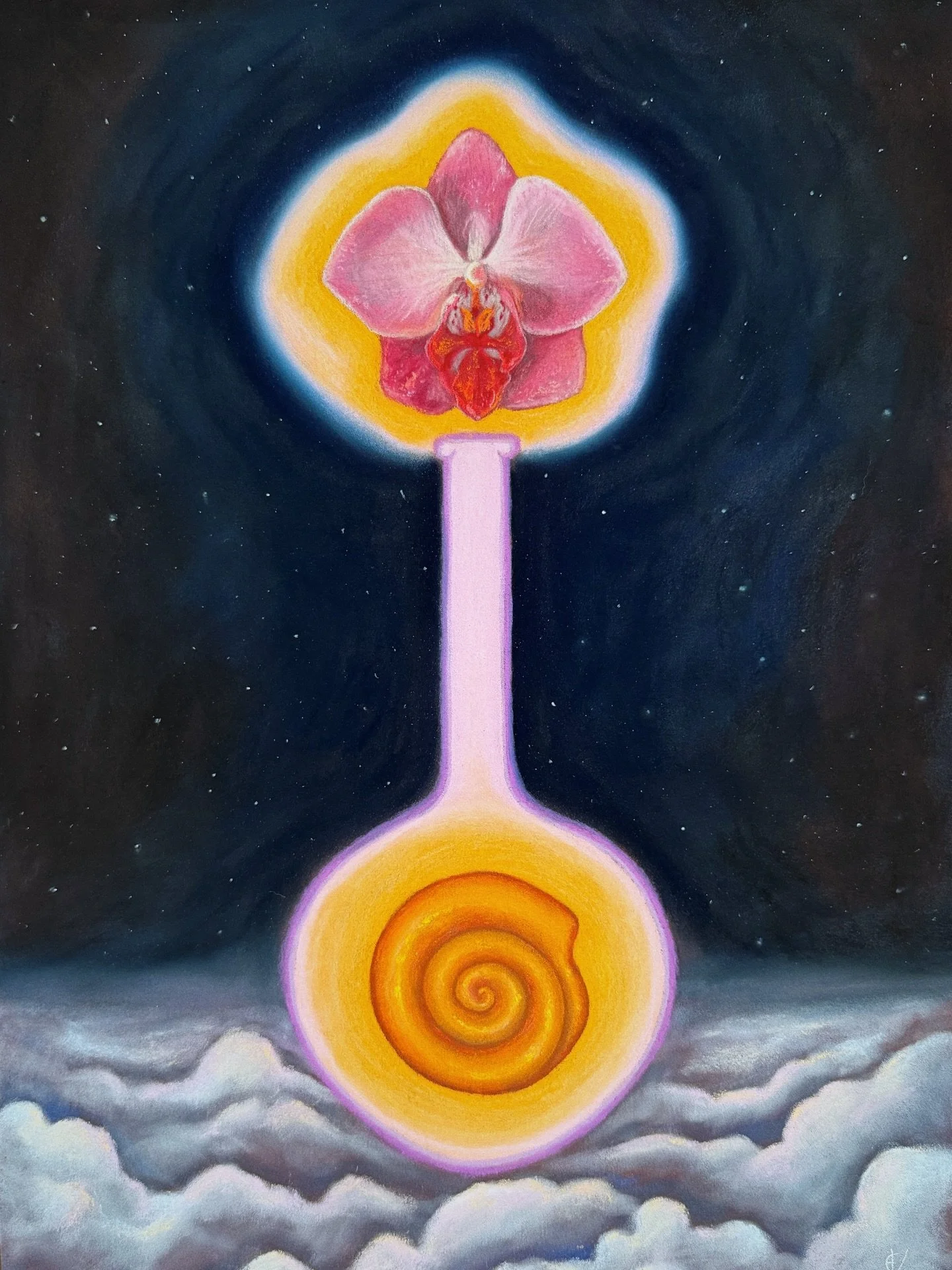 She came to me in February 2024, and left no other option but to bring her into tangible shape stroke by stroke. Her impatience was palpable as if she already knew where she belonged; she didn&rsquo;t want to wait any longer. 

Cosmic flower, floatin