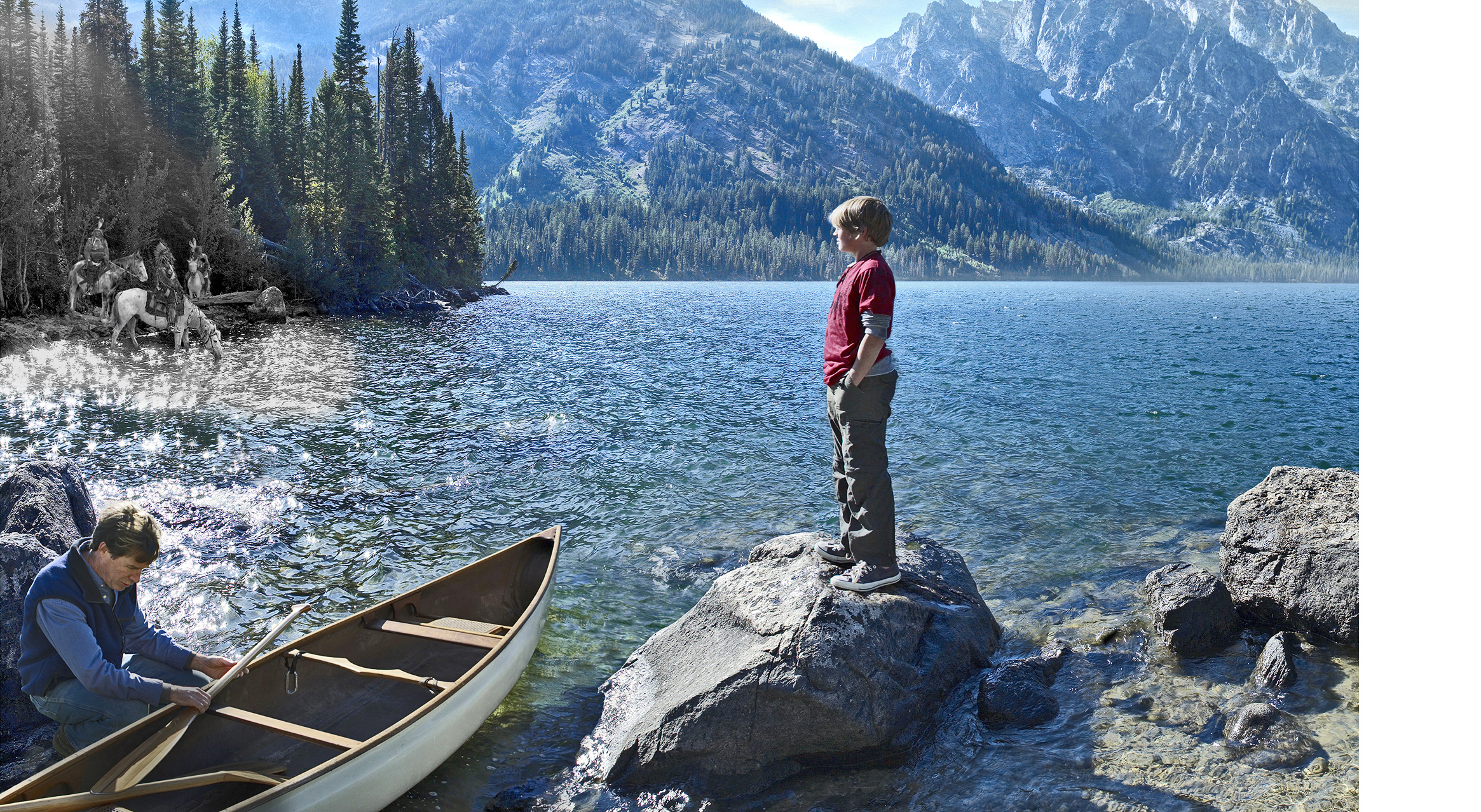 Out canoeing with his father here a boy's imagination ponders three Native Americans on horseback.