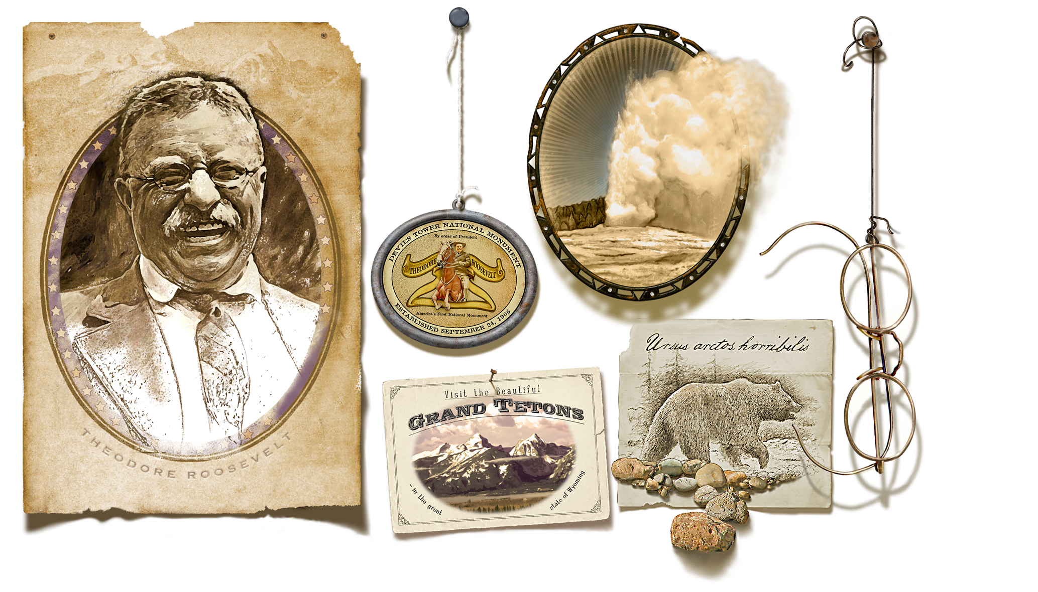 Pictured are several of the original illustrations included in the Theodore Roosevelt artwork. The Roosevelt "medallion" is my own fabrication of a "period" piece that might have been produced as is the Grand Tetons postcard.