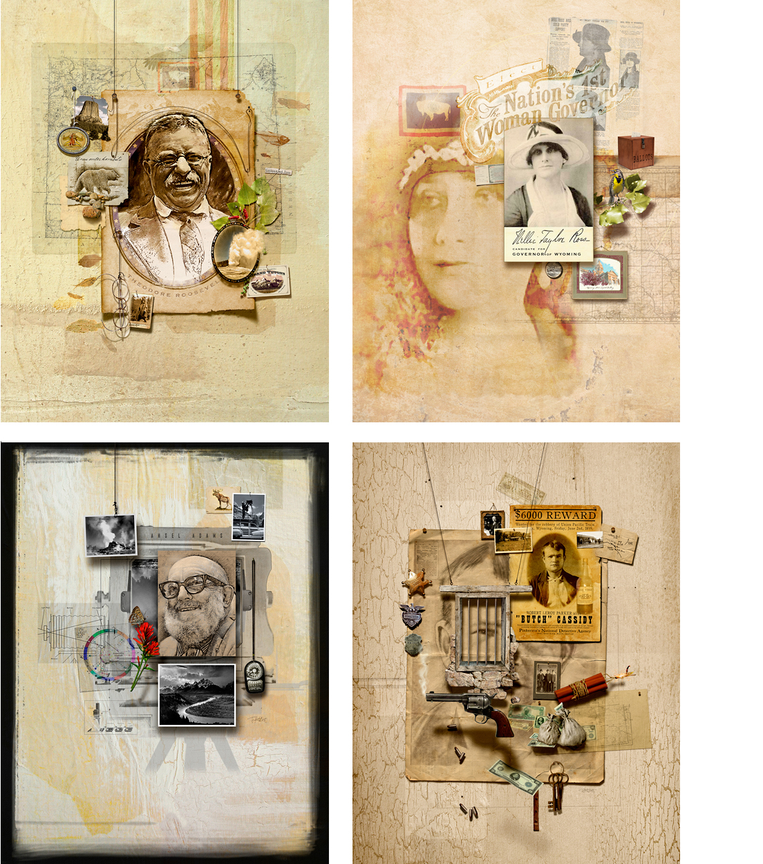 Pictured are four of the famous figures that were included in the series — Theodore Roosevelt, Nellie Tayloe Ross (early governor of Wyoming and the 1st female governor in the U.S.), photographer Ansel Adams and outlaw Butch Cassidy. These are the poster arrangements from which I derived the various print versions and elements for the online imagery.