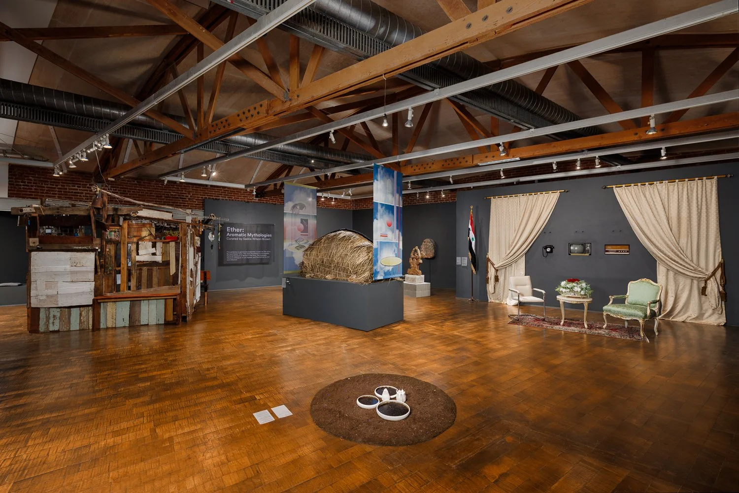   Hang Our Gods , 2025 Installation incorporating audio, video, and scent (Los Angeles, California)  Ether: Aromatic Mythologies , 2025. Photo courtesy of Craft Contemporary, Los Angeles. Exhibition Installation Image: Marc Walker. 