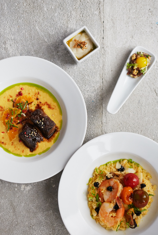 Root Beer Braised Short Ribs, Sea Urchin Paella, Cauliflower Truffle Shooter, Korean Steak Tartare