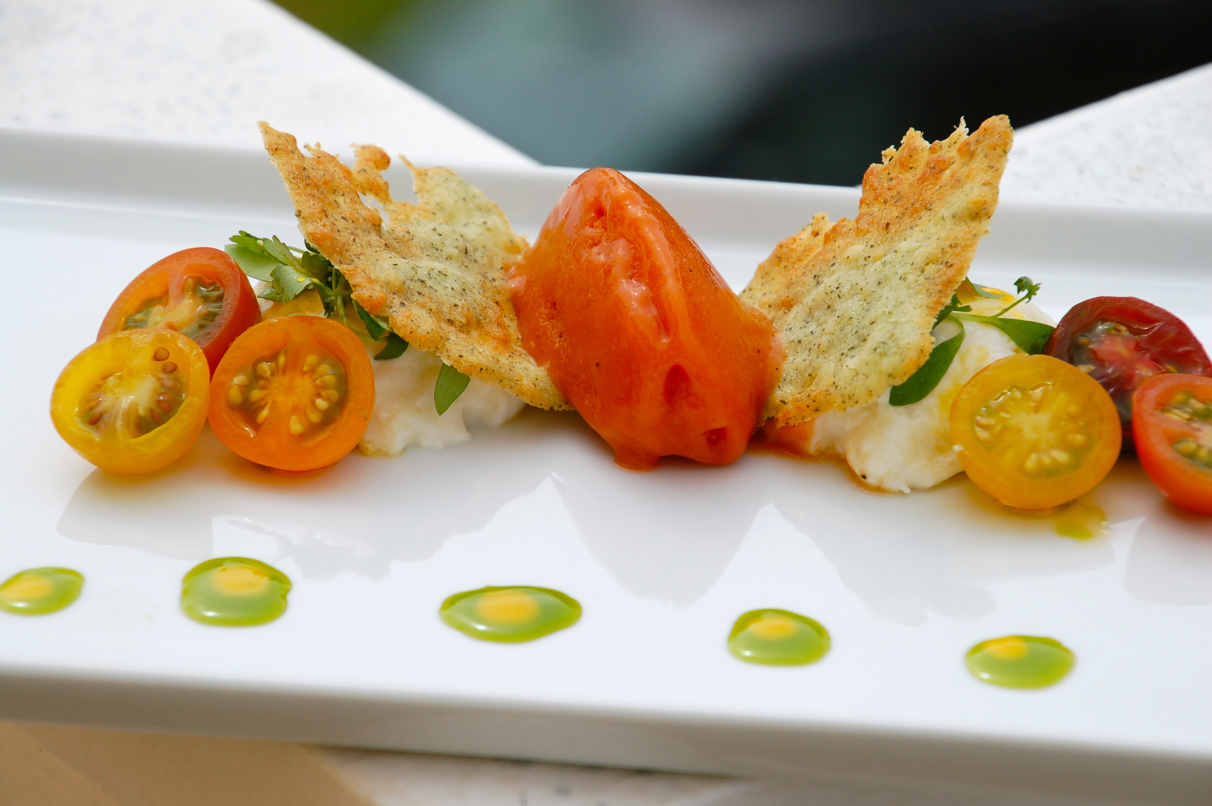 "Capresita", tomato sorbetto, burratta, heirloom cherry tomatoes, garlic tuille