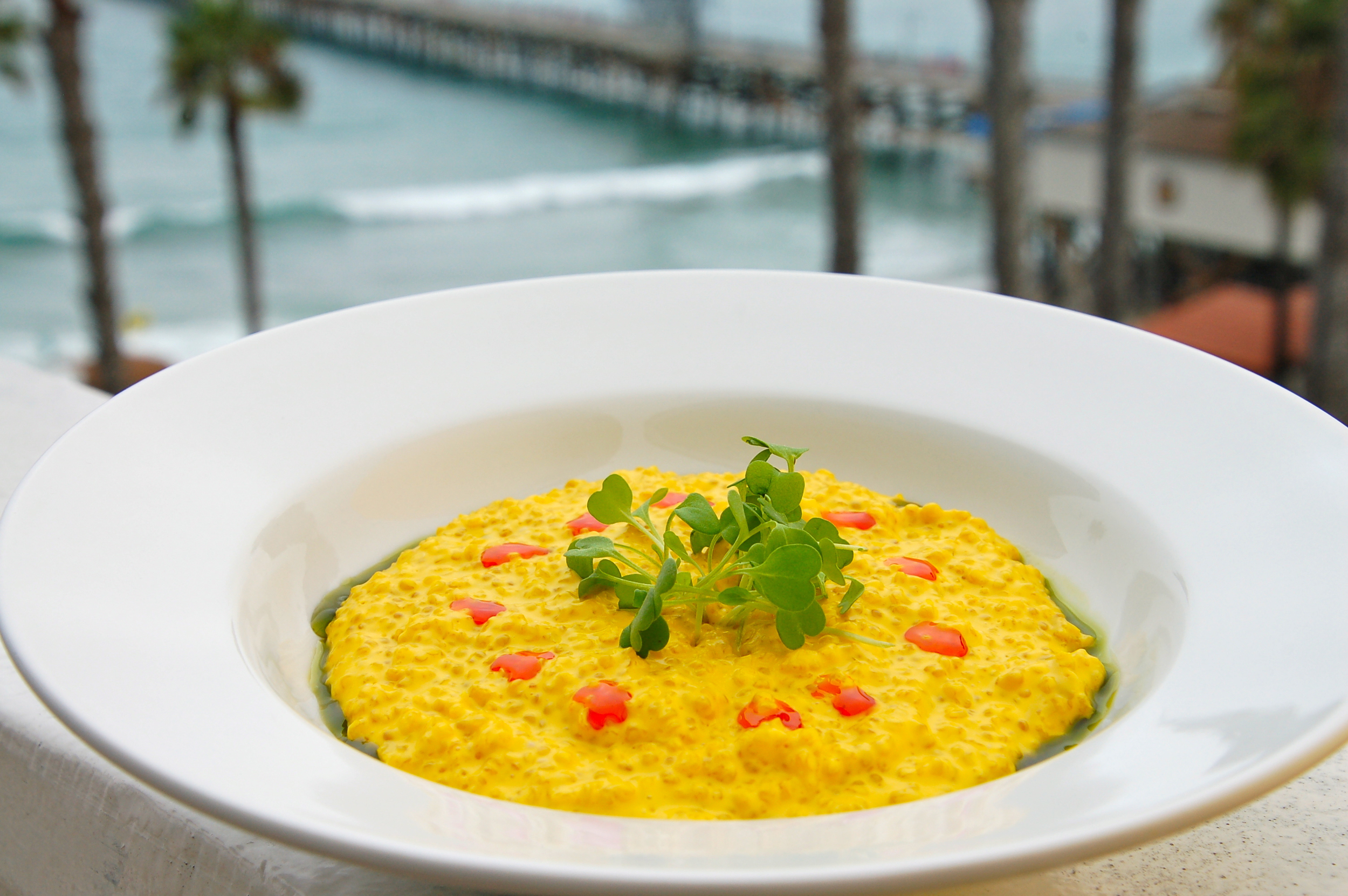 Quinotto Alla Millanese, quinoa saffron risotto, huacatay oil, micro arugula