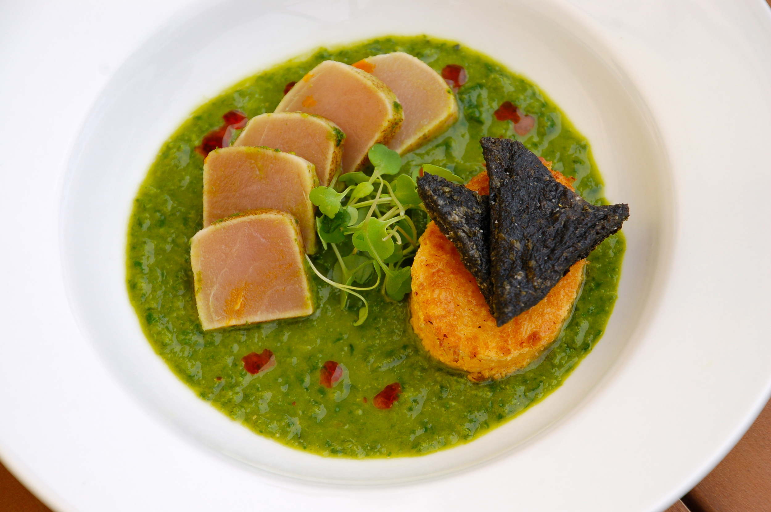 Seared Albacore Ceviche, basil pesto leche de tigre, chilled fresh corn polenta, nori chips