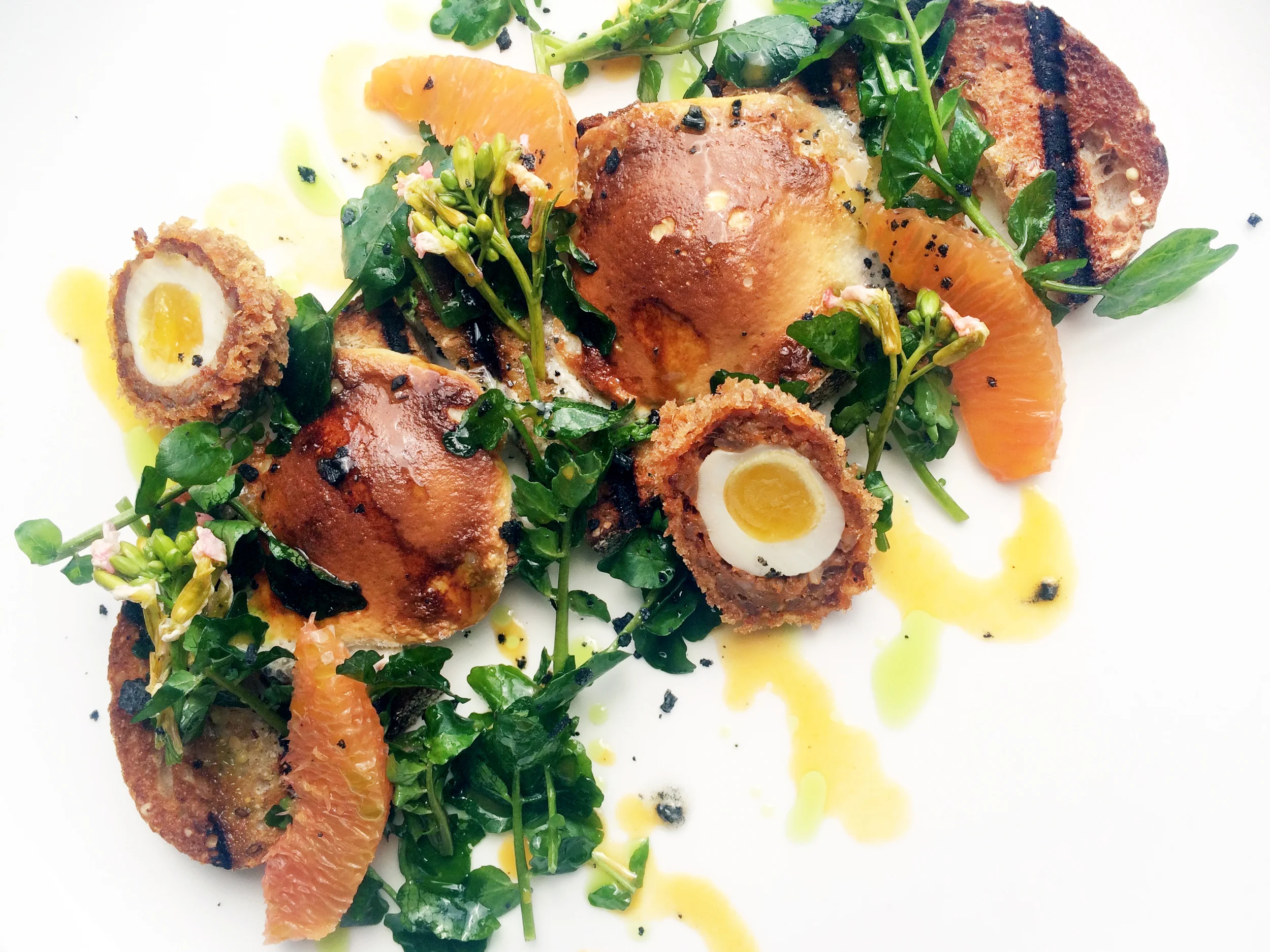 "Ploughman's Lunch" Tartine, Chorizo Wee Scotch Egg, Stilton Marshmallow, Cara Cara Redux, Pickled Radish Blossoms 