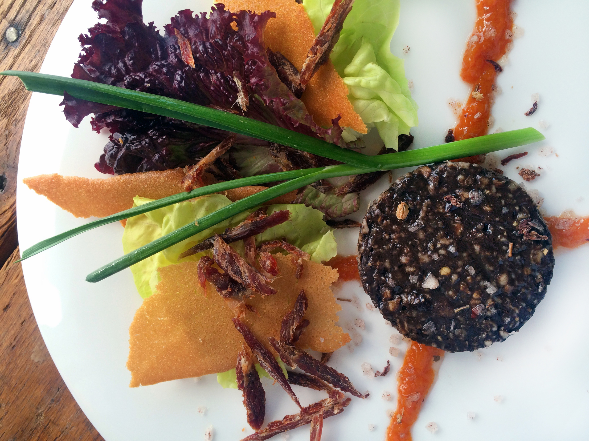 Pork Jerky & Black Pudding, Marmite Tuile, Market Greens, Spiced Carrot Marmalade