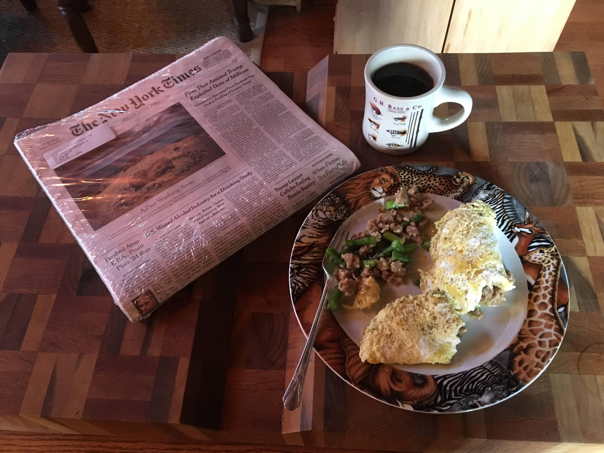 Sunday morning coffee and breakfast in exile with the New York Times.