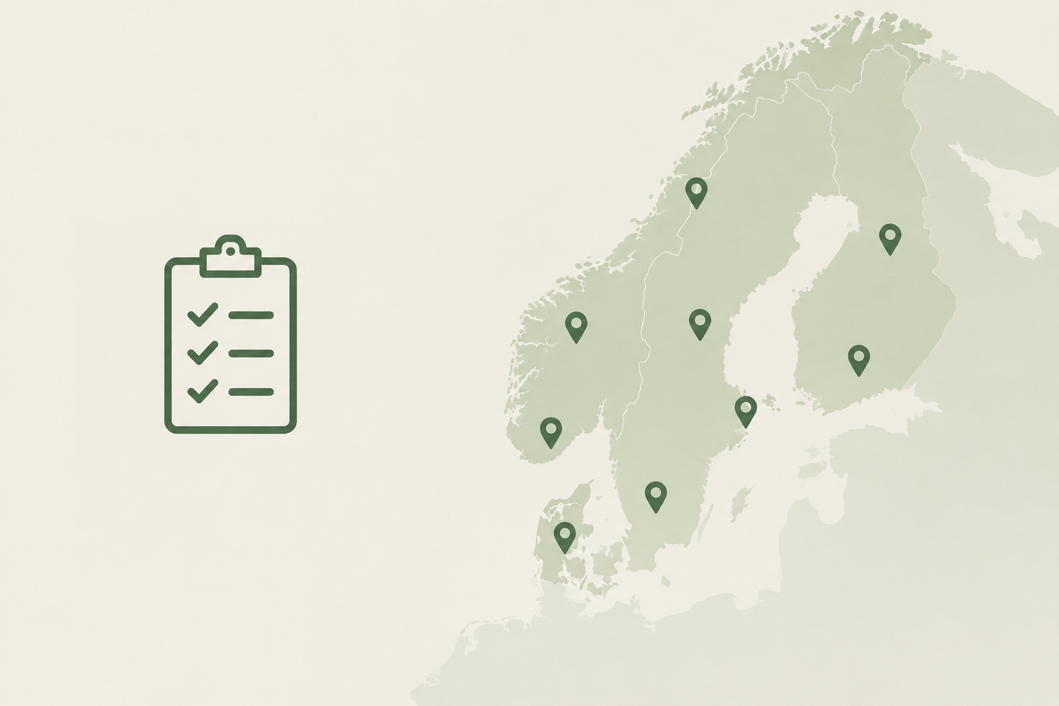 Map of Scandinavia with location markers and a checklist icon on the left.