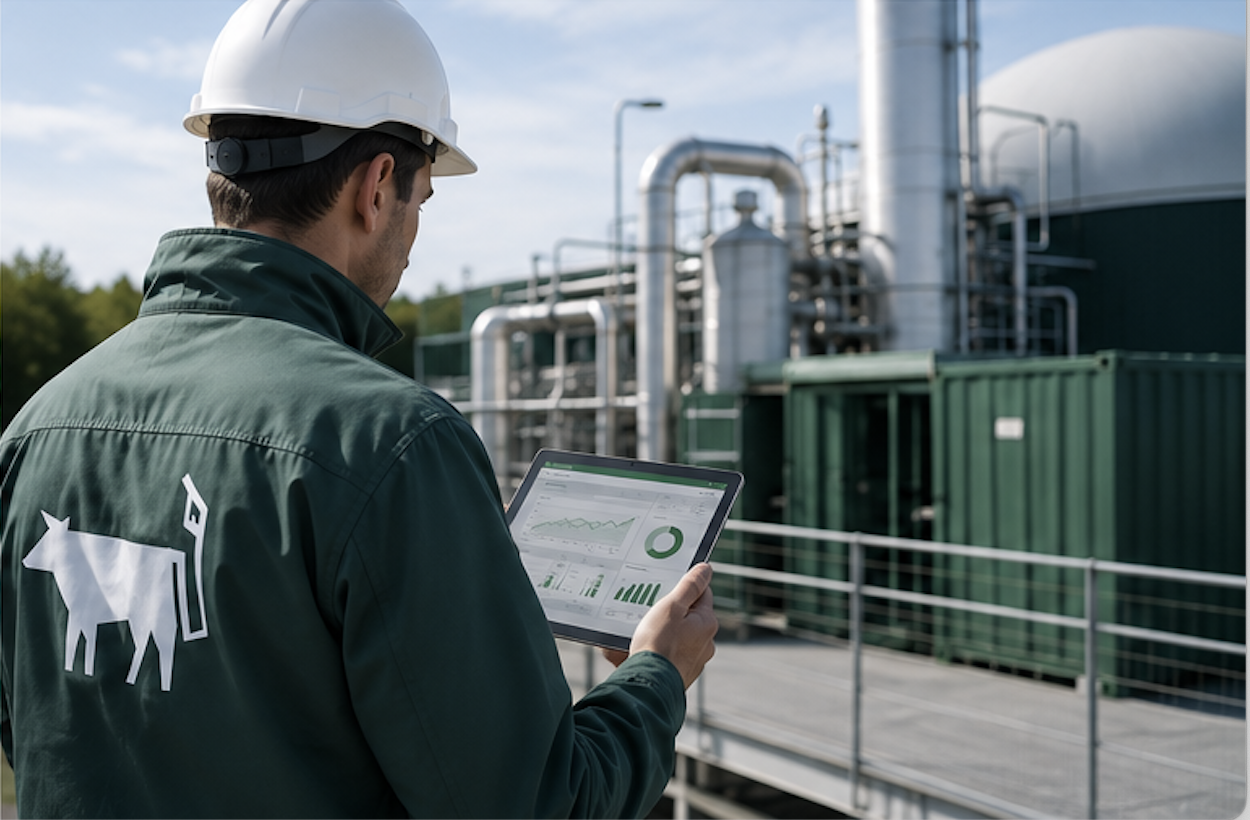 A man wearing a white safety helmet and green uniform with a white dog logo on the back, holding a tablet computer and monitoring industrial equipment outdoors.