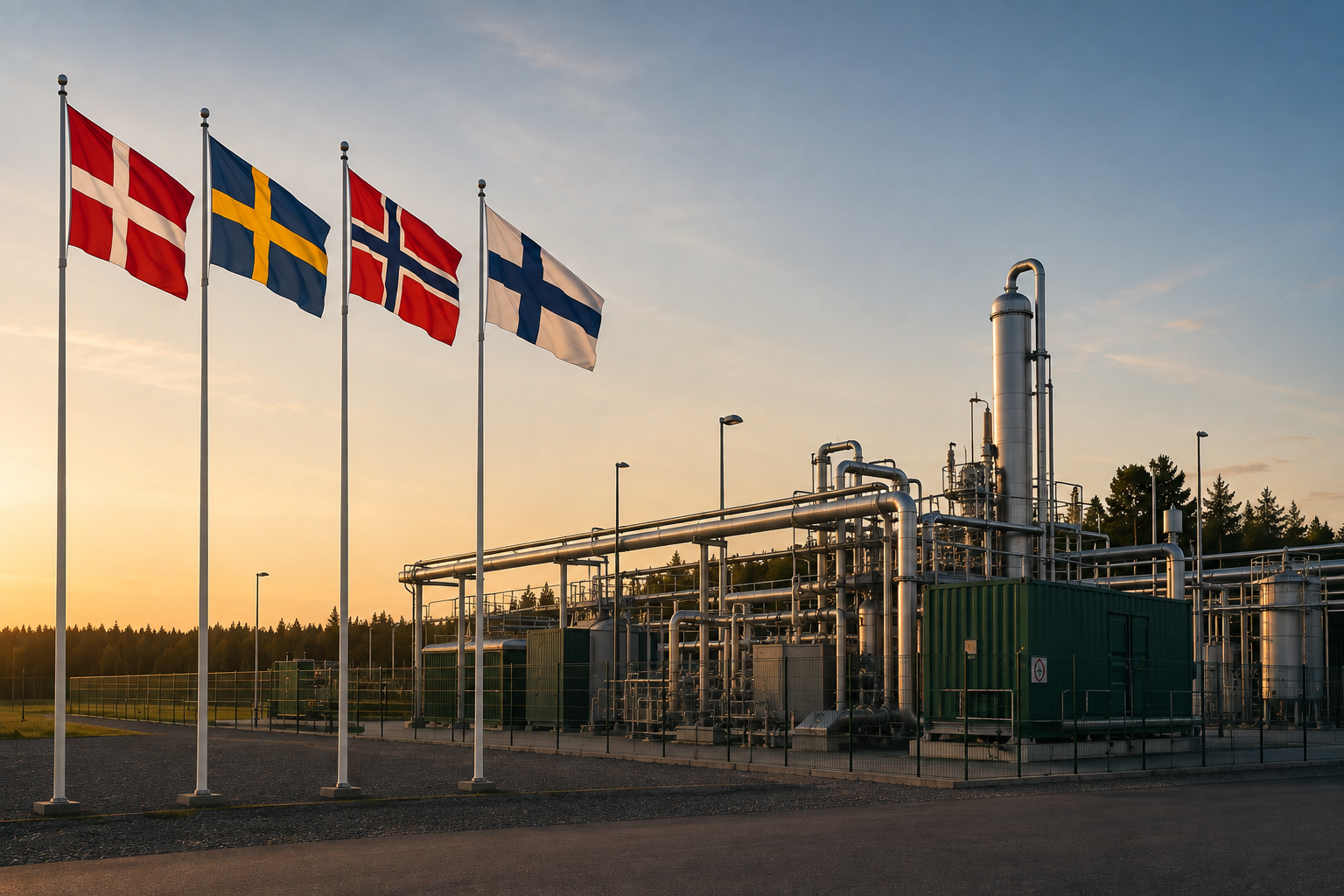 Industrial plant with pipes and machinery, four flags from Denmark, Sweden, Norway, and Finland fly nearby, during sunset.