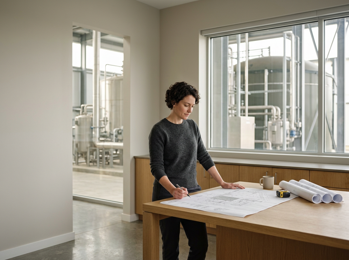 A woman reviewing architectural blueprints at a wooden table in a modern office with large windows showing industrial equipment outside.