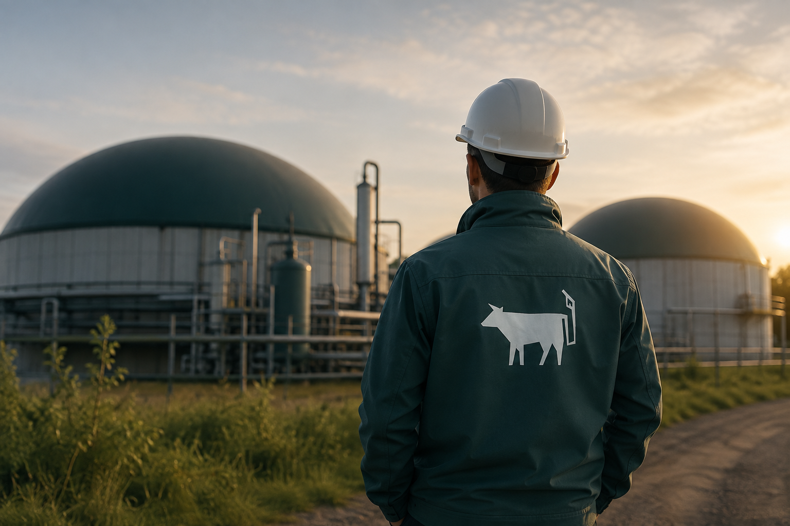 A person wearing a hard hat and jacket with a cow logo stands outdoors at a facility with large storage tanks during sunset.