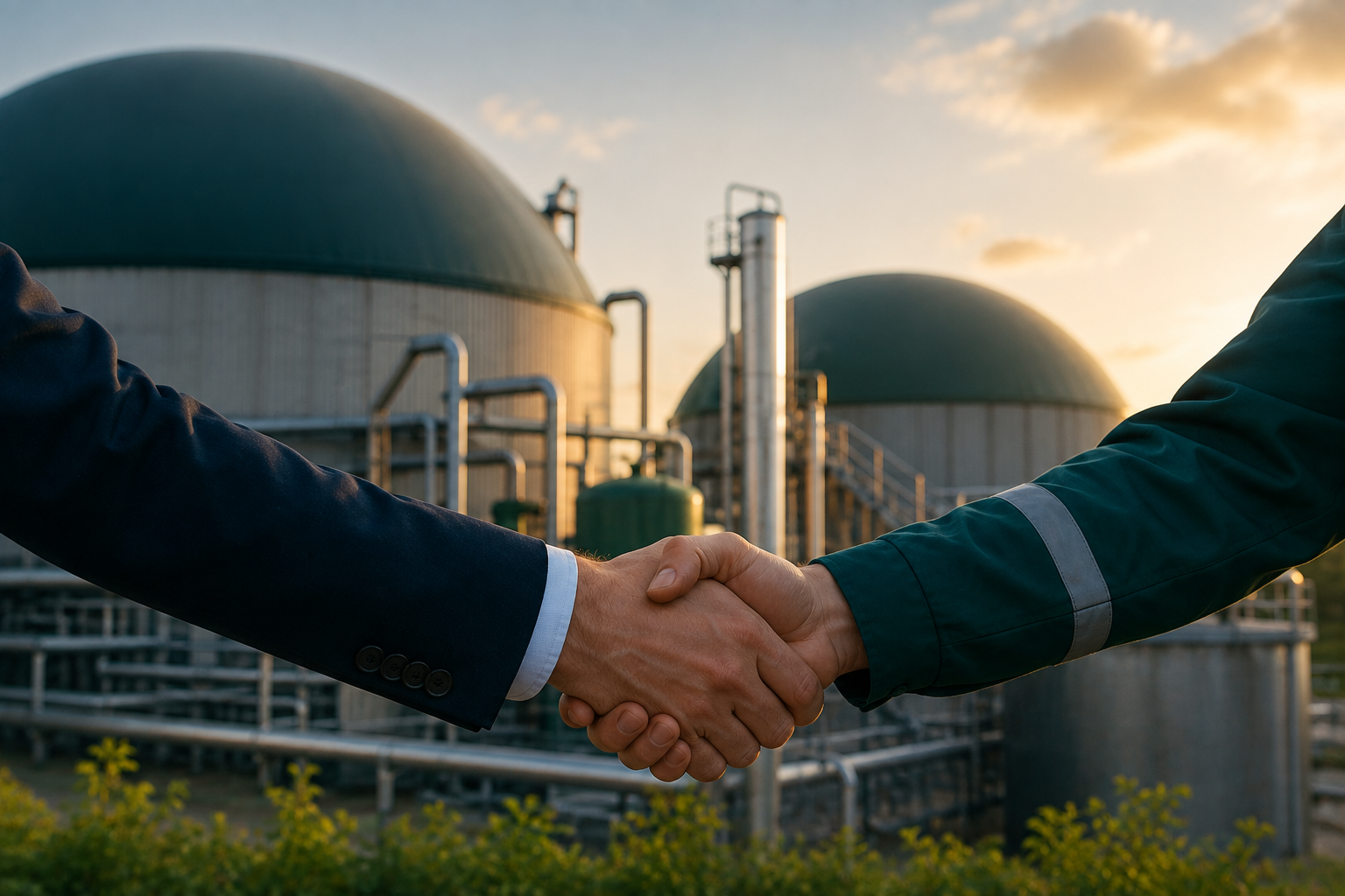 Handshake between two individuals in front of a biogas plant at sunset.