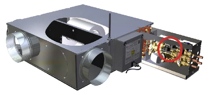 Figure 4: Fan coil unit for mounting in ceiling void showing control assembly – the sections (circled) in the assembly are piezoelectric flow measuring points (with no moving parts), for direct connection to a control system