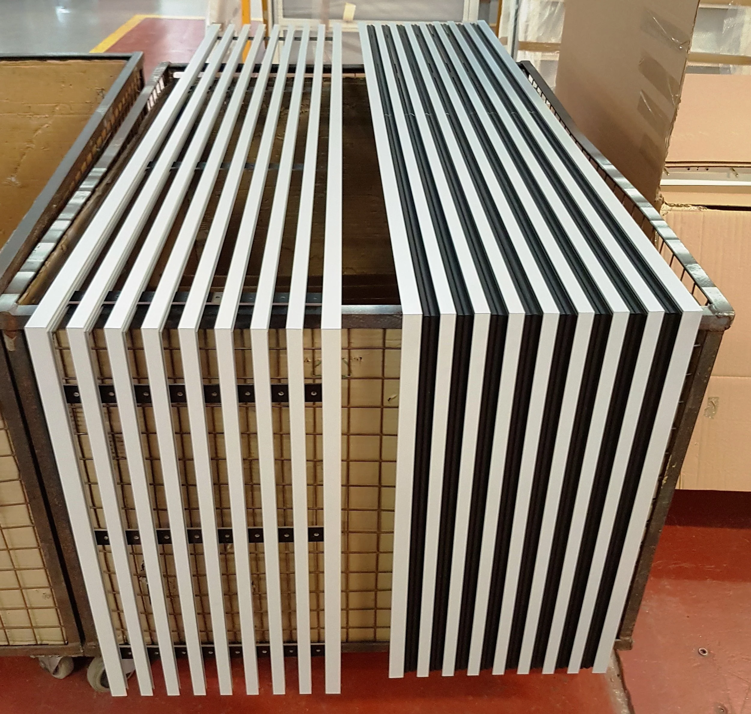 The slot diffusers manufactured to the bespoke specification, ready to be sent to site and installed.