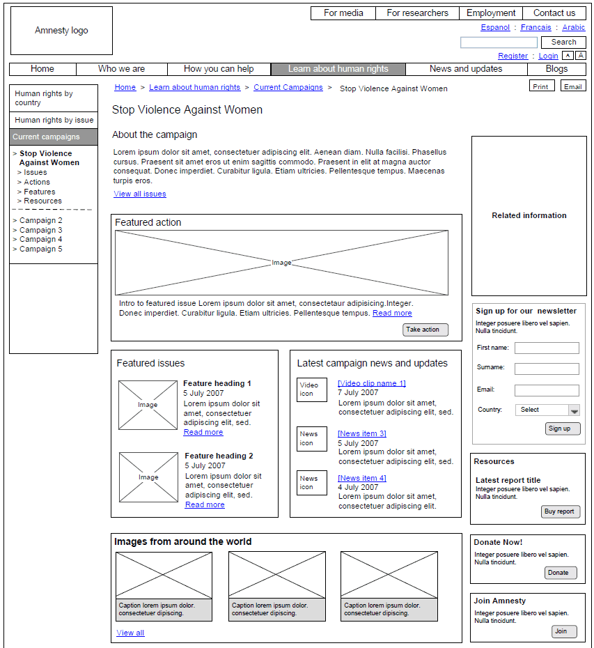 Amnesty International Website - Wireframe