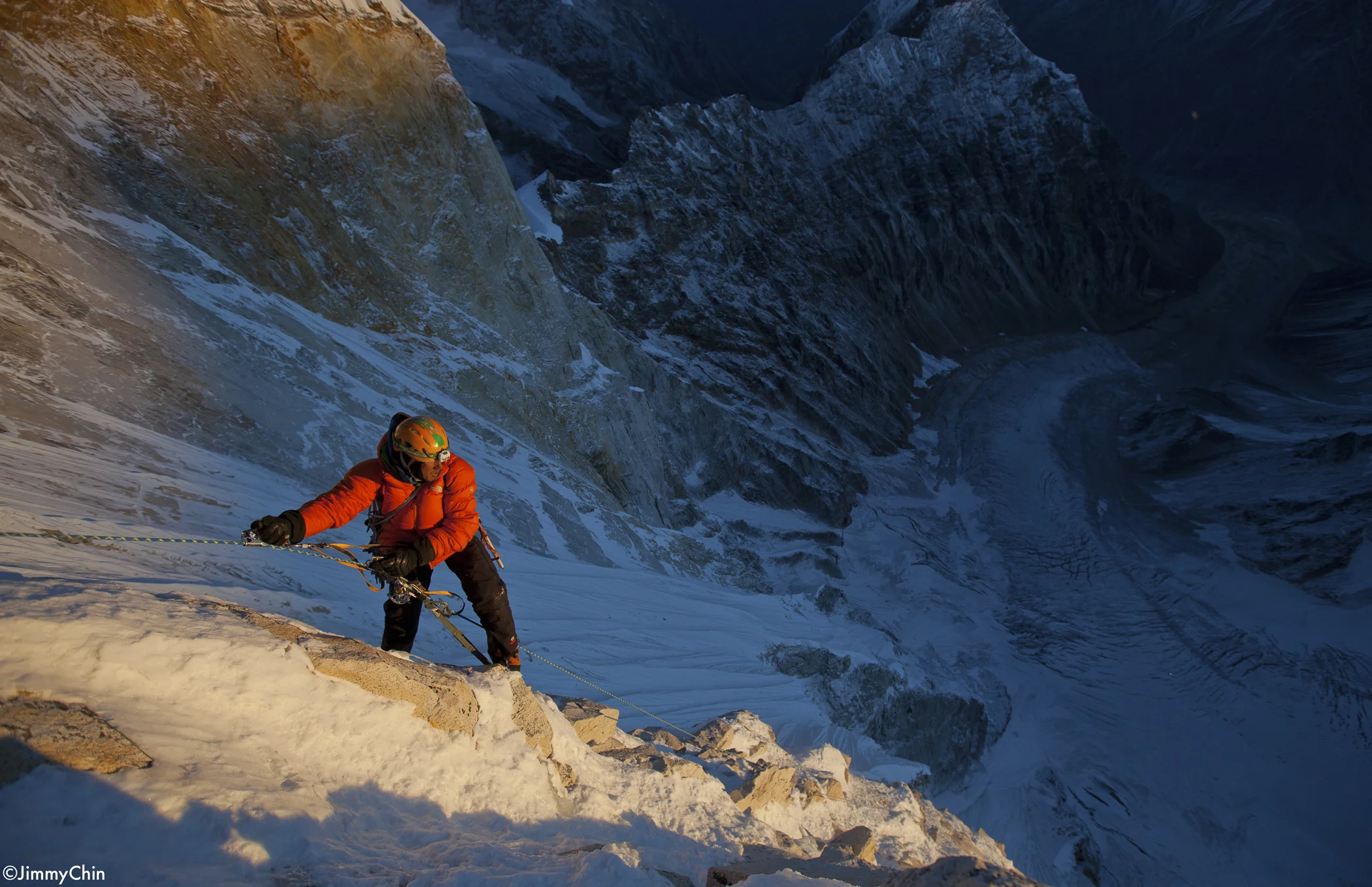 Jimmy Chin at first light on the 11th day of climbing. This was the summit day push.