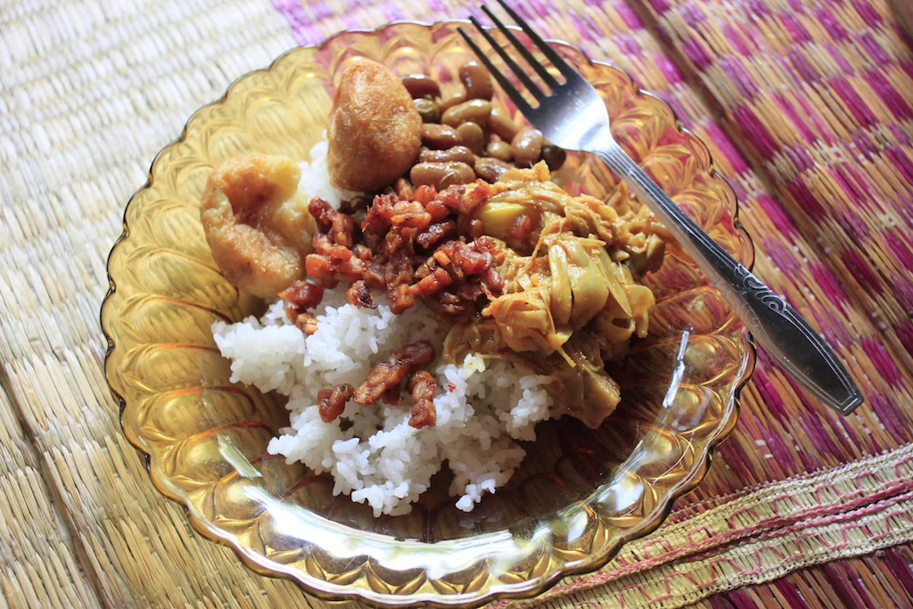 Gulai nangka: young jackfruit curry, served with fried tempeh and red beans.