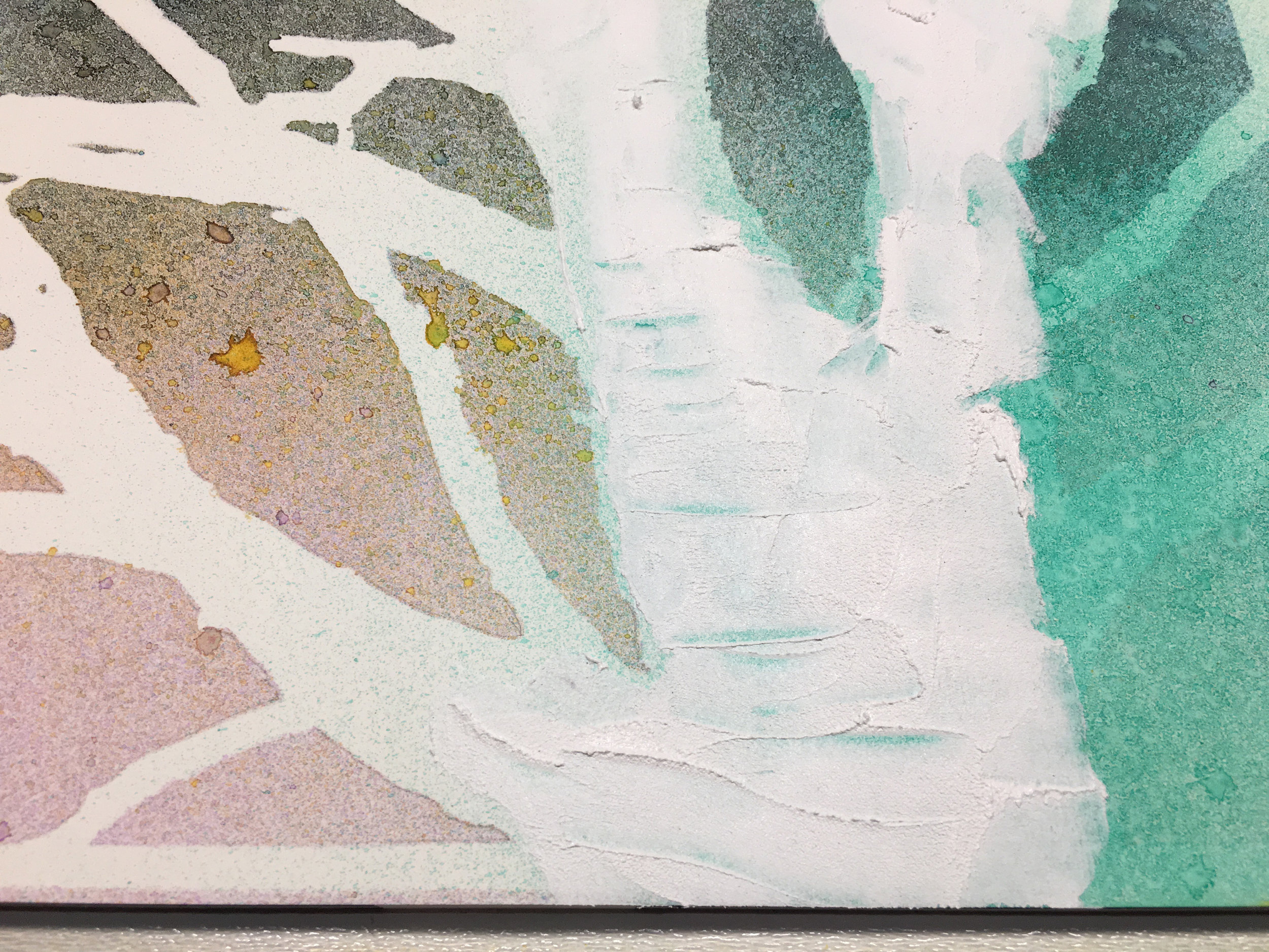 Acryl Mousse spread with palette knife to create bark texture. Notice I let some of the green show through.