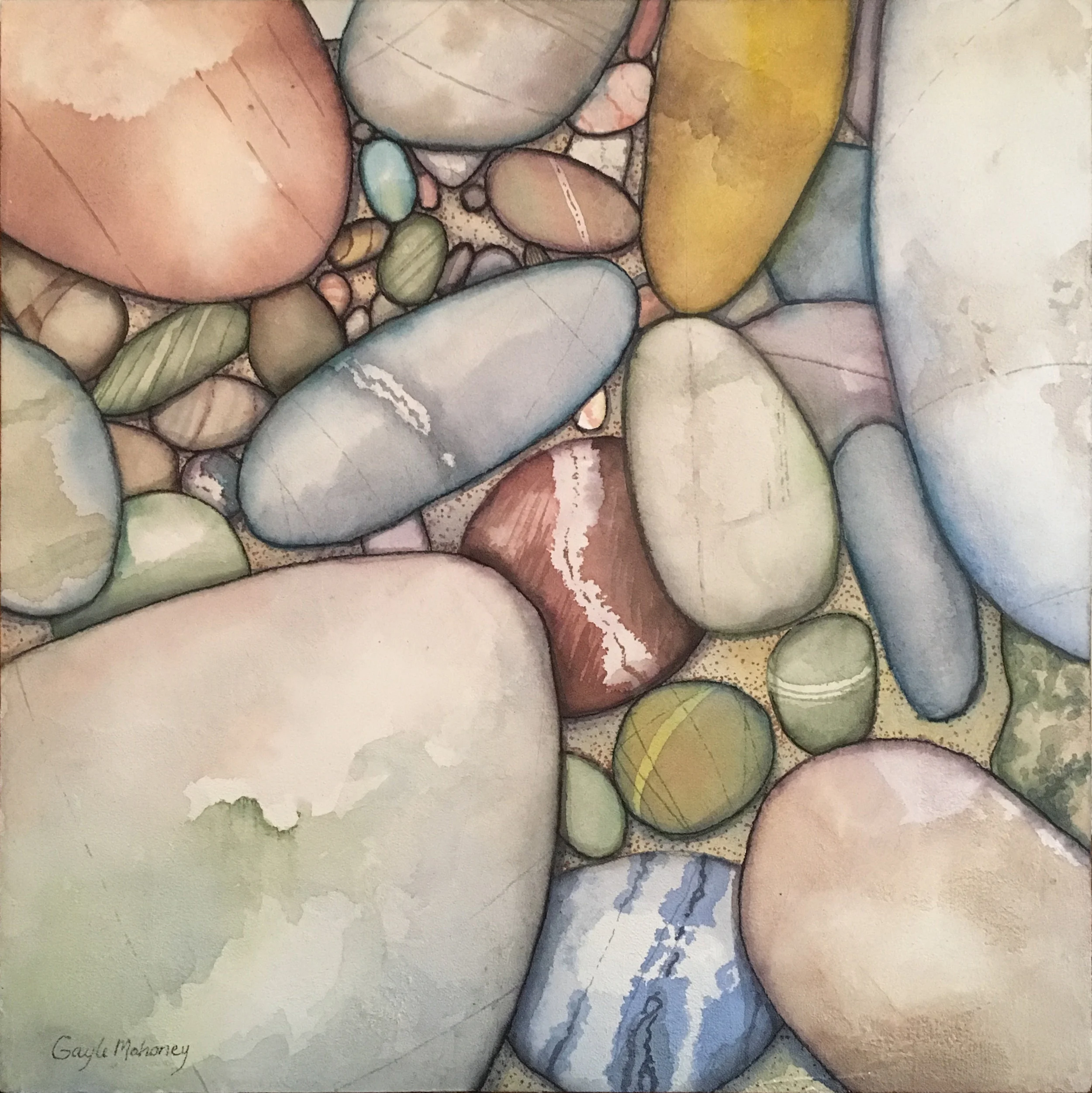 River Stones One - Watercolor and Marabu Graphix Aqua Pens on Acryl Mousse ©Gayle Mahoney
