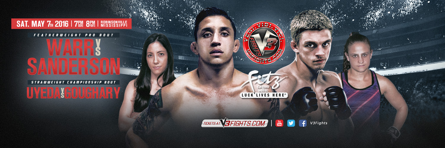 MAY 7 RESULTS A packed venue at the Fitz Casino Tunica witnessed a night of finishes on Saturday night as V3Fights delivered another action-packed event. New faces were introduced to the Legion and the first ever women’s strawweight champion was crowned at V3’s 50th event. “Fight of the Night” honors goes to Laura Uyeda and Shannon Goughary. These two put on a technical, three round war in the first ever strawweight title fight. “Knockout of the Night” goes to Caleb Everson. In just 48 seconds he was able to drop his opponent and receive this honor. “Submission of the Night” goes to Michael Walker. In just 13 seconds, he was able to get the fight to the ground and secure an arm bar, which forces his opponent to tap. “Performance/Fighter of the Night” goes to Nick Payne, who in his MMA debut, was able to finish his opponent in the second round. V3Fights will be back in action on June 18 at Minglewood Hall in Memphis, TN. Full results below: AMATEUR FIGHTS: 170 – Parker Inman defeated Logan Fancher via guillotine choke in round #1 (1:35) 135 – Michael Walker defeated Bryan Davis via arm bar in round #1 (:13) 130 – Caleb Everson defeated Jeremy Rogers via TKO in round #1 (:48) 145 – Jordan Brownlee defeated Jason Todd via triangle choke in round #1 (2:07) 155 – Colt Lindsey defeated Justin Williams via TKO in round #1 (2:36) 145 – Nick Payne defeated Jorge Acevedo via TKO in round #2 (2:30) 115 title fight – Laura Uyeda defeated Shannon Goughary via unanimous decision LAURA UYEDA IS THE NEW V3FIGHTS’ STRAWWEIGHT CHAMPION PROFESSIONAL FIGHT 150 – Ruben Warr defeated Jesse Sanderson via RNC in round #1 (3:29) About V3Fights V3Fights was founded in Memphis, TN as an amateur fighting circuit in 2009. In 2014, the company made their professional debut. The company’s mission is to provide quality professional MMA events for fans across the mid-south whether it be live, on television, online, or pay per view. V3Fights is one of the premier launching pads for professional MMA fighters and are the next generation of MMA stars. For more information on V3Fights, visit www.v3fights.com !!! 