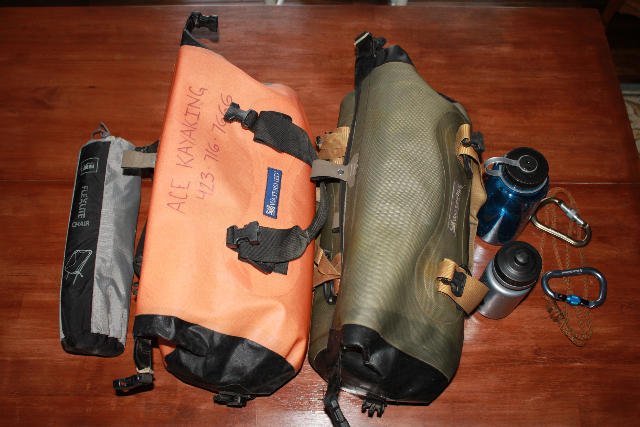 This is my base-level winter kit. Two Chattooga drybags, plus water bottles, and my luxuriant chair! 