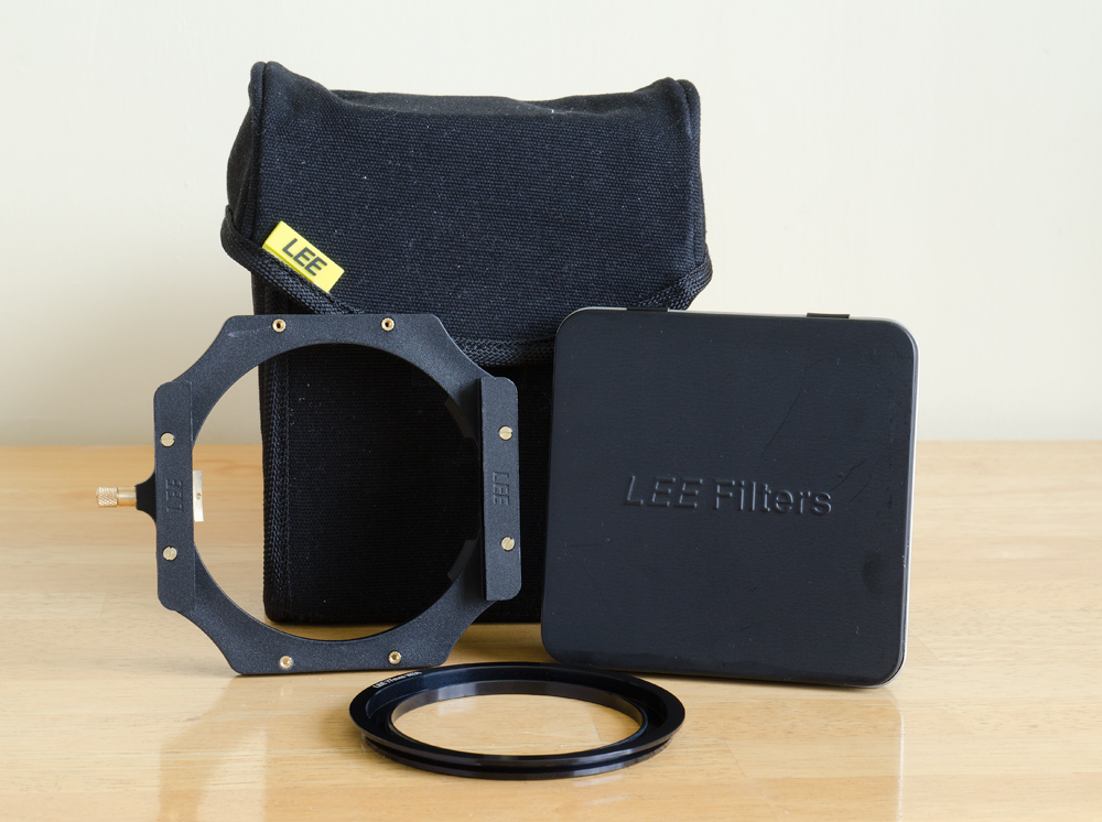 The Lee 100mm system. Featured here is the filter pouch, filter holder, 77mm wide-angle adapter ring, and the Lee Big Stopper. Graduated ND filters are to be purchased shortly.
