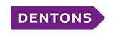 Purple sign with white text saying 'DENTONS' and an arrow pointing to the right.