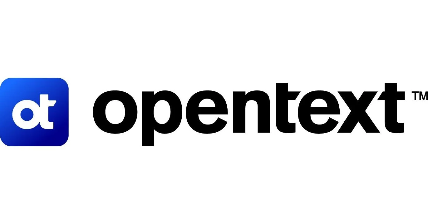 OpenText logo with a blue square containing a white lowercase 'o' and 't' and the word 'OpenText' in black letters.