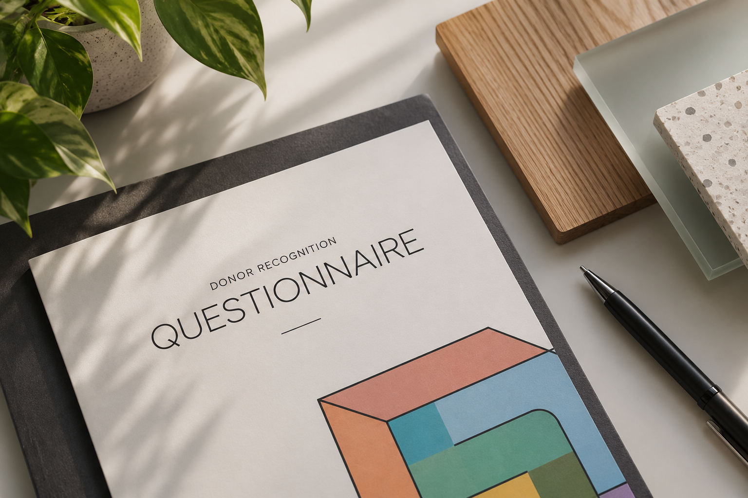 Spolar Studio donor recognition project questionnaire for gathering project goals, donor information, space requirements, and budget considerations.