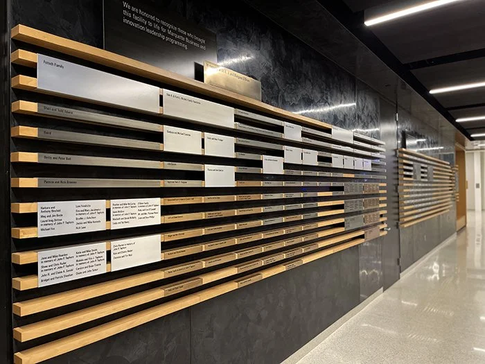 Modular donor recognition wall using horizontal rails and individual donor elements designed for future updates.