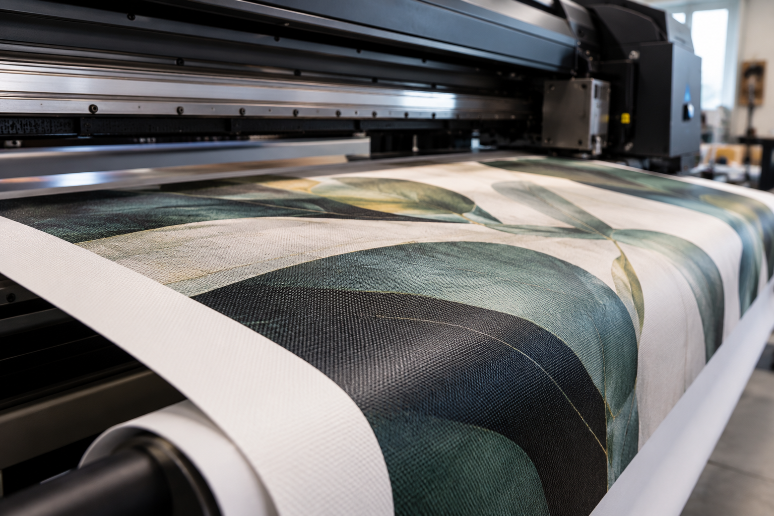 Large-format printer producing a custom printed graphic on textured material.