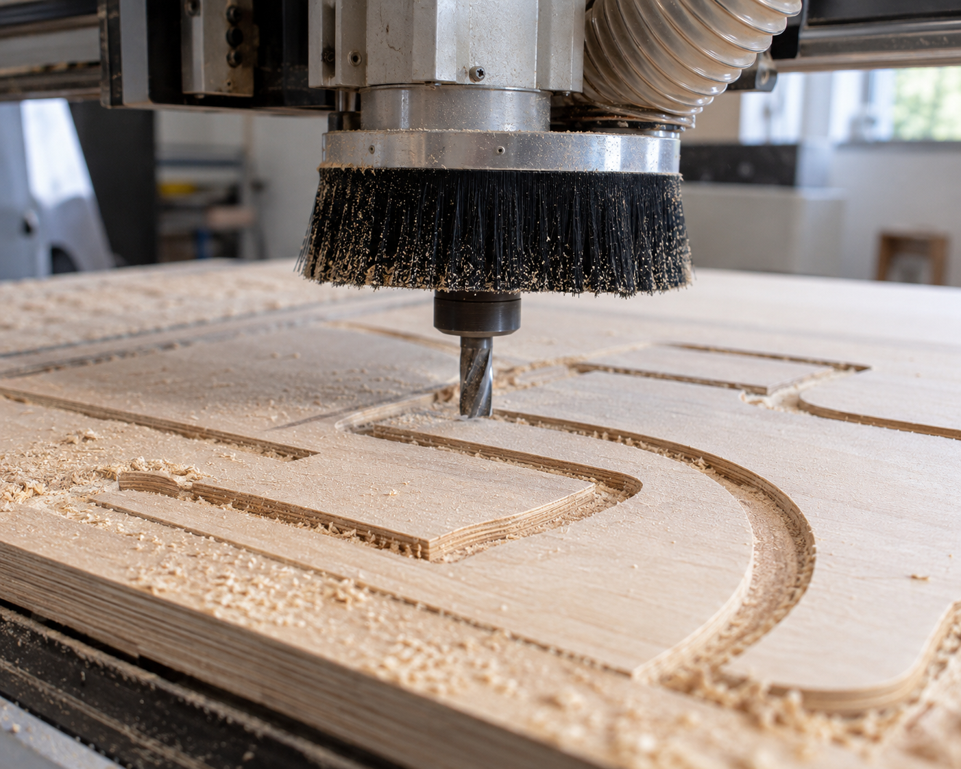 CNC router cutting a dimensional pattern into wood during custom fabrication.