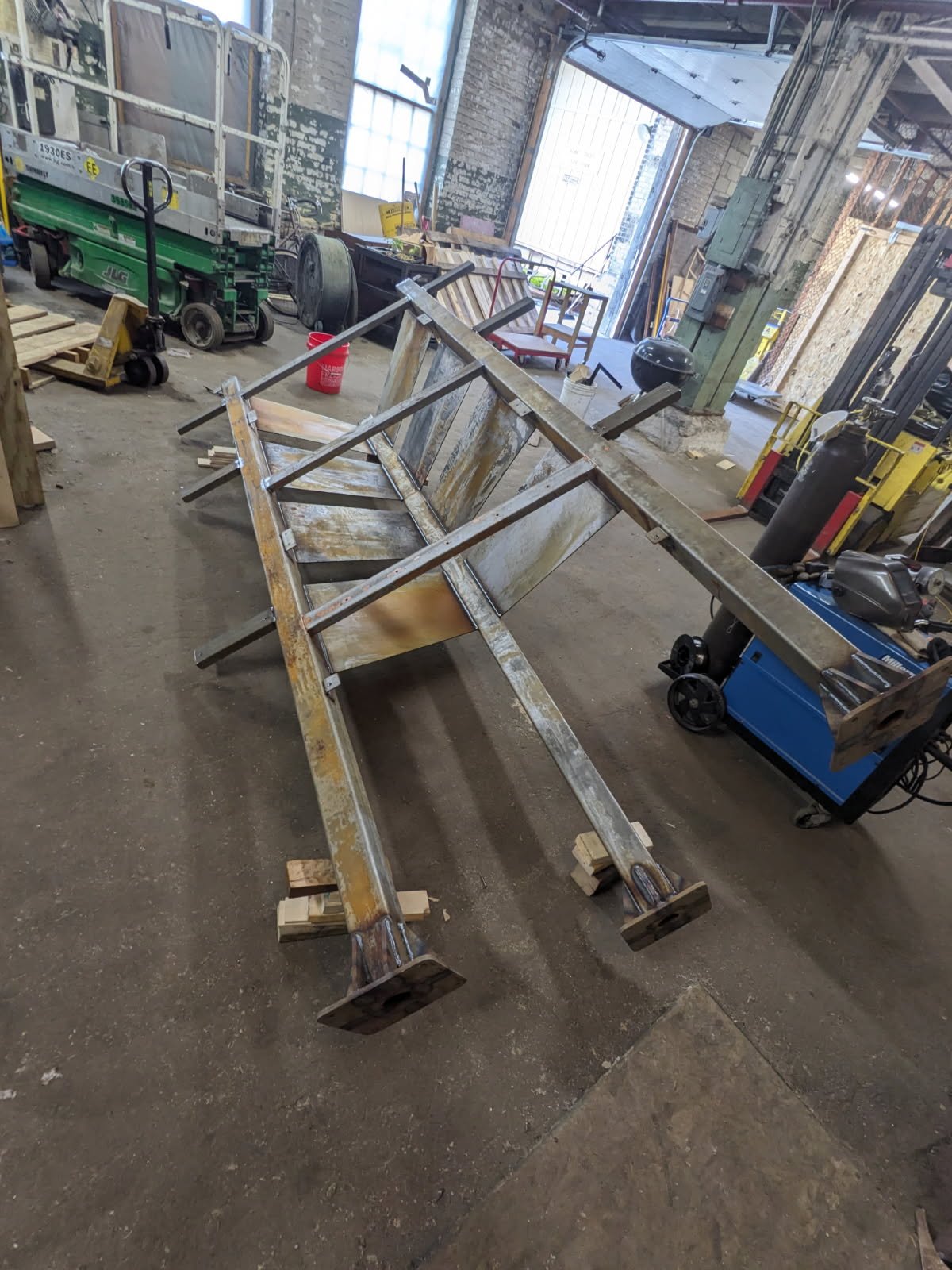 Corten steel structural frame for the Adventure Africa donor recognition installation during fabrication.