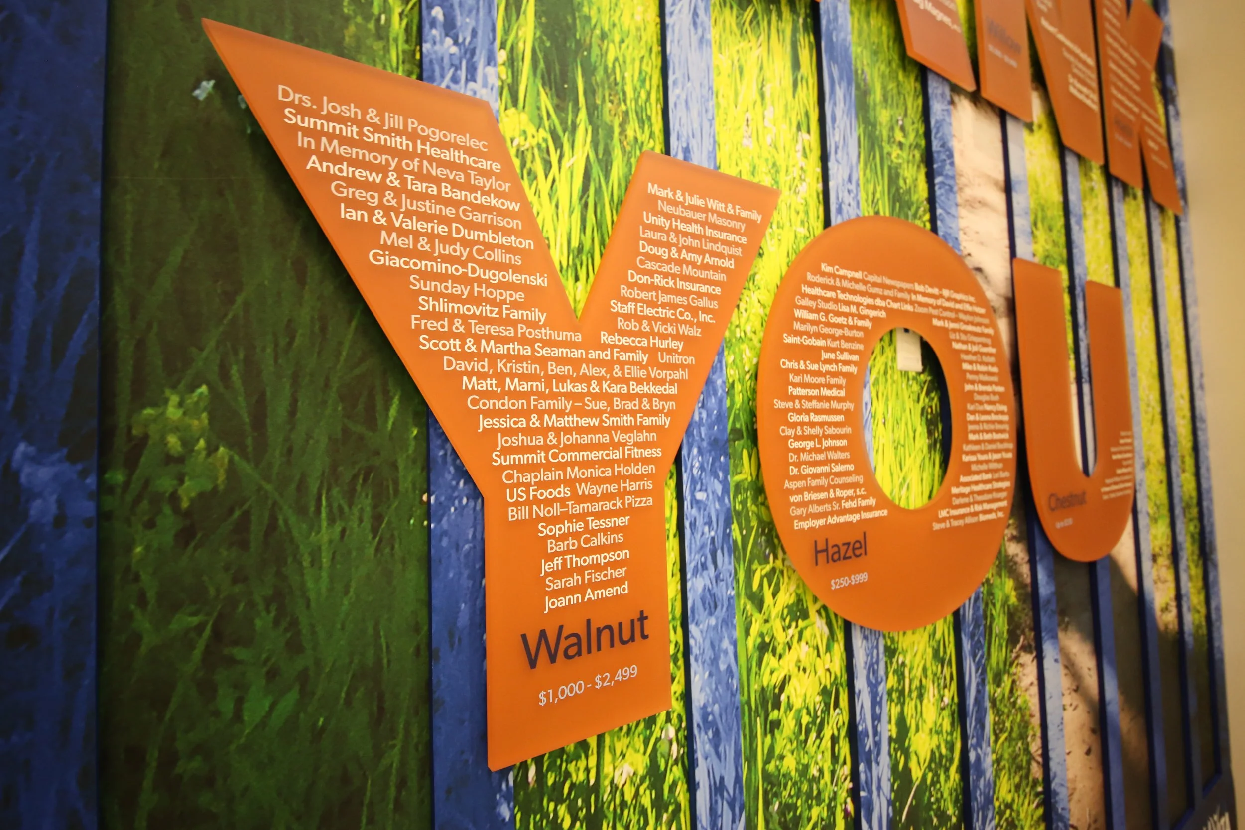 Orange dimensional donor recognition panels with donor names printed directly to the substrate.