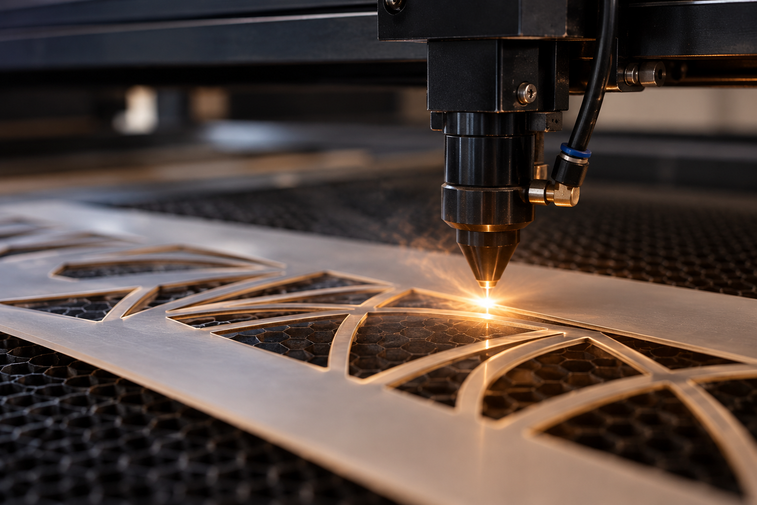 Laser cutting and engraving a detailed pattern into sheet material.