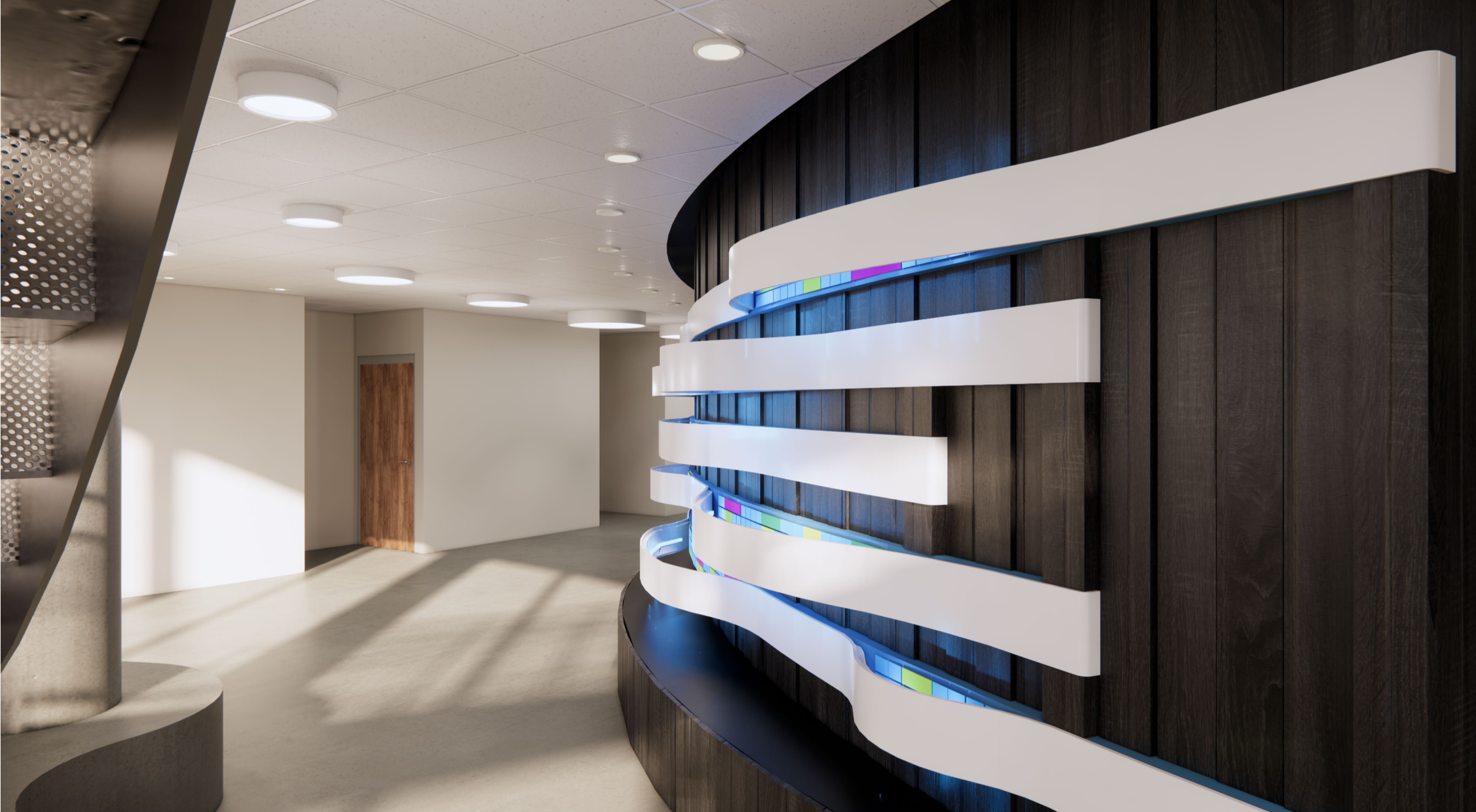 Architectural rendering of a curved custom recognition environment with dimensional elements and integrated lighting.
