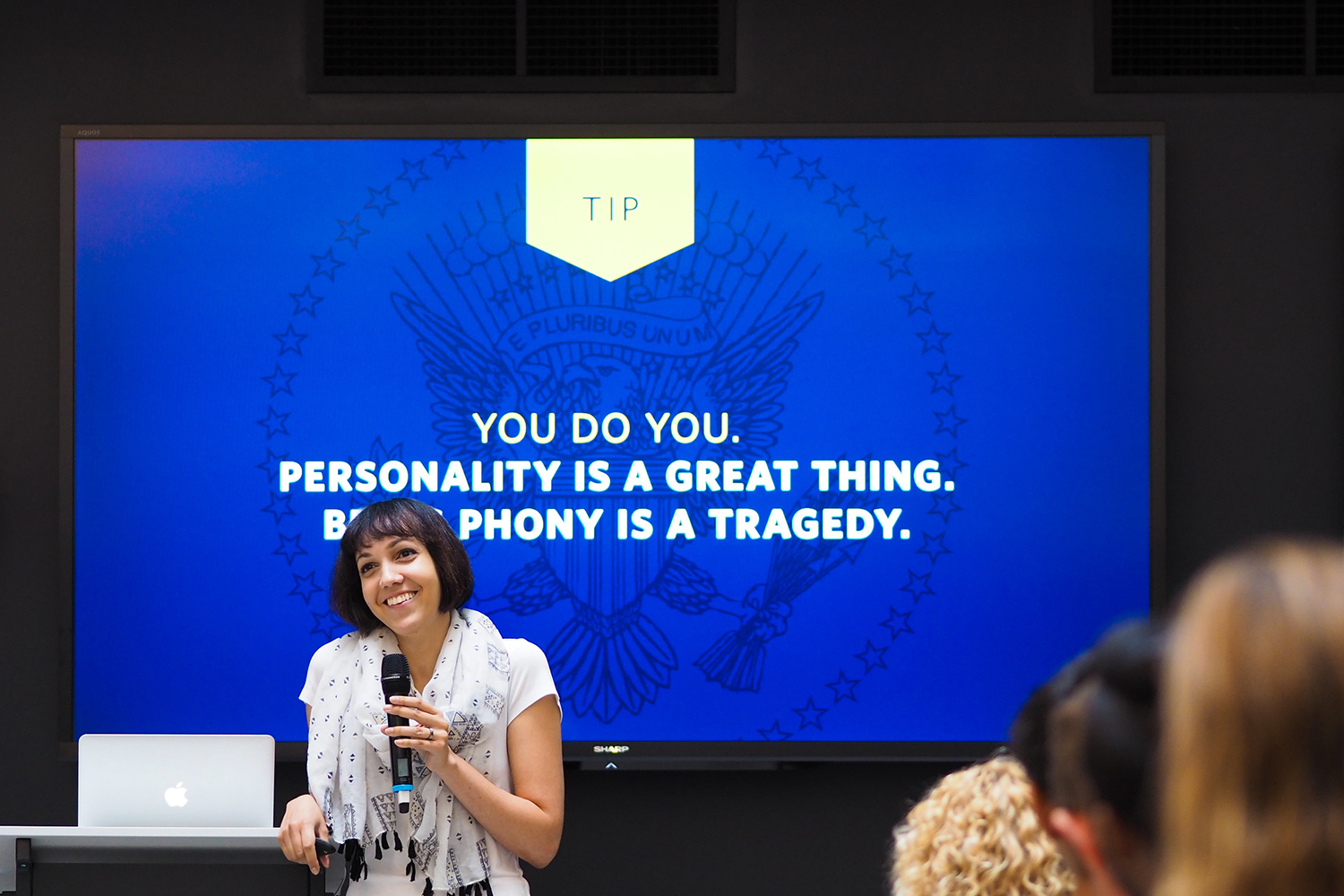 Ashleigh Axios presenting at an event by AIGA Chicago. (Photograph by Chris Mendoza)