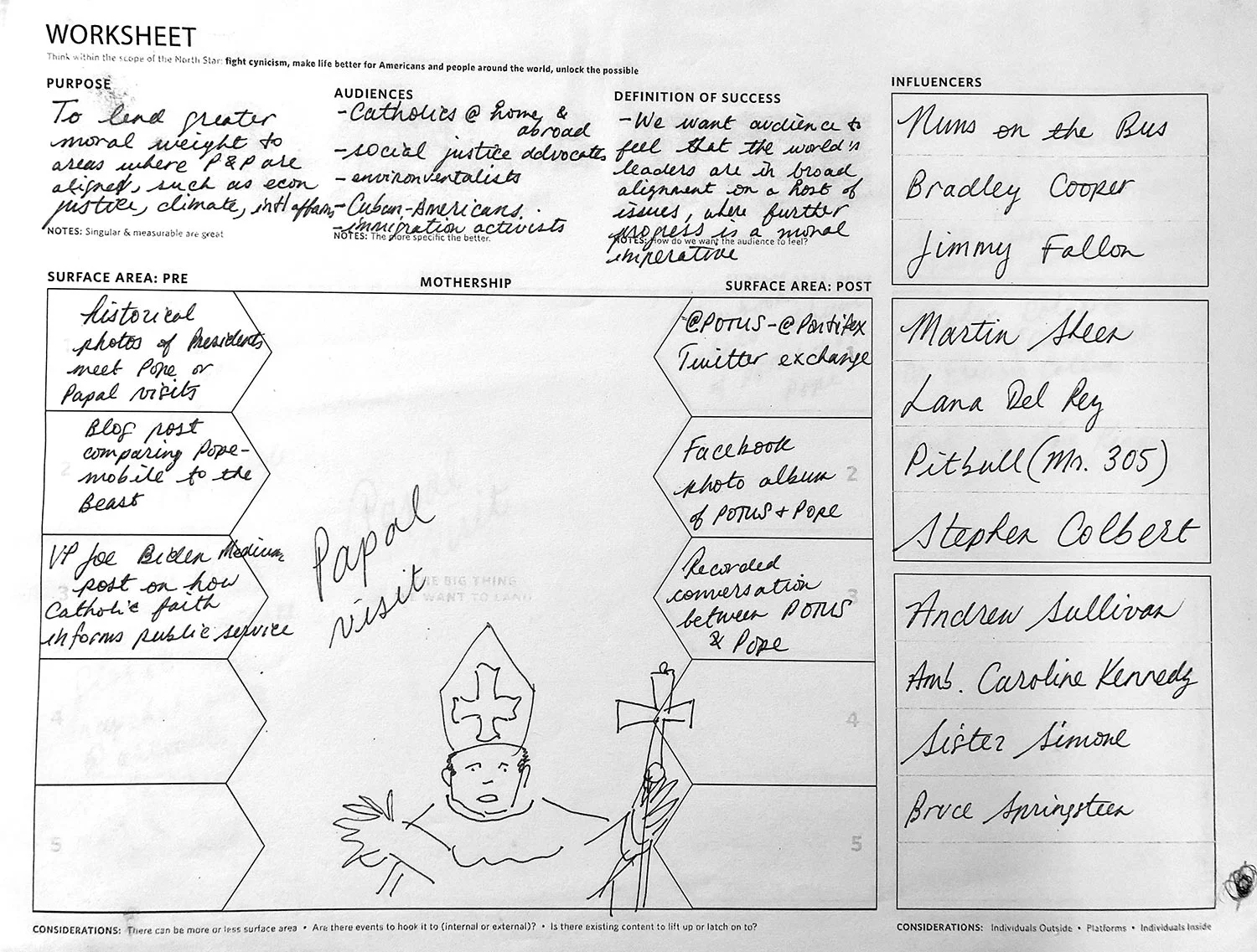 Planning the Papal Visit with the worksheet. This is one team member’s early draft, not the final event planning sheet for the Office of Digital Strategy.
