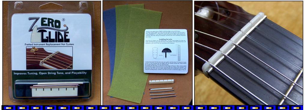 The Zero Glide Kit includes one Zero Glide Nut, 4 different fret heights. Plus 3M 150 sandpaper, and two grades of 3M Polishing cloth.