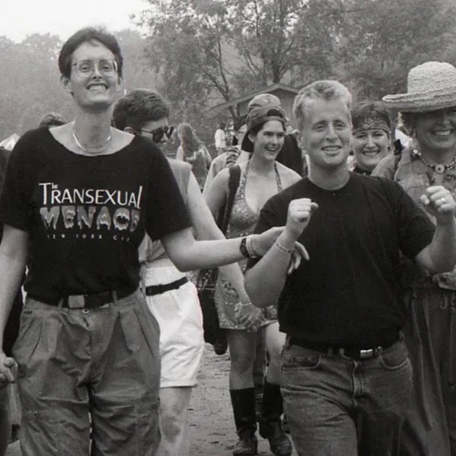 Riki Wilchins and Leslie Feinberg at CAMP TRANS.