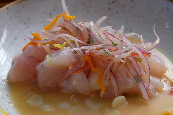 Ceviche Galactico no El Mercado de Rafael (ceviche de linguado e caranguejo com leche de ouriço do mar)