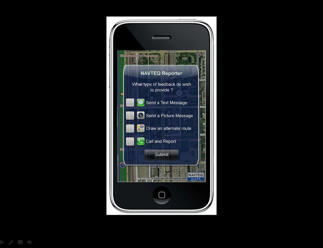  An early&nbsp;prototype of our proposed&nbsp;Reporter app, that allows&nbsp;users to call, text, send&nbsp;a photo,&nbsp;or draw an alternative route. 