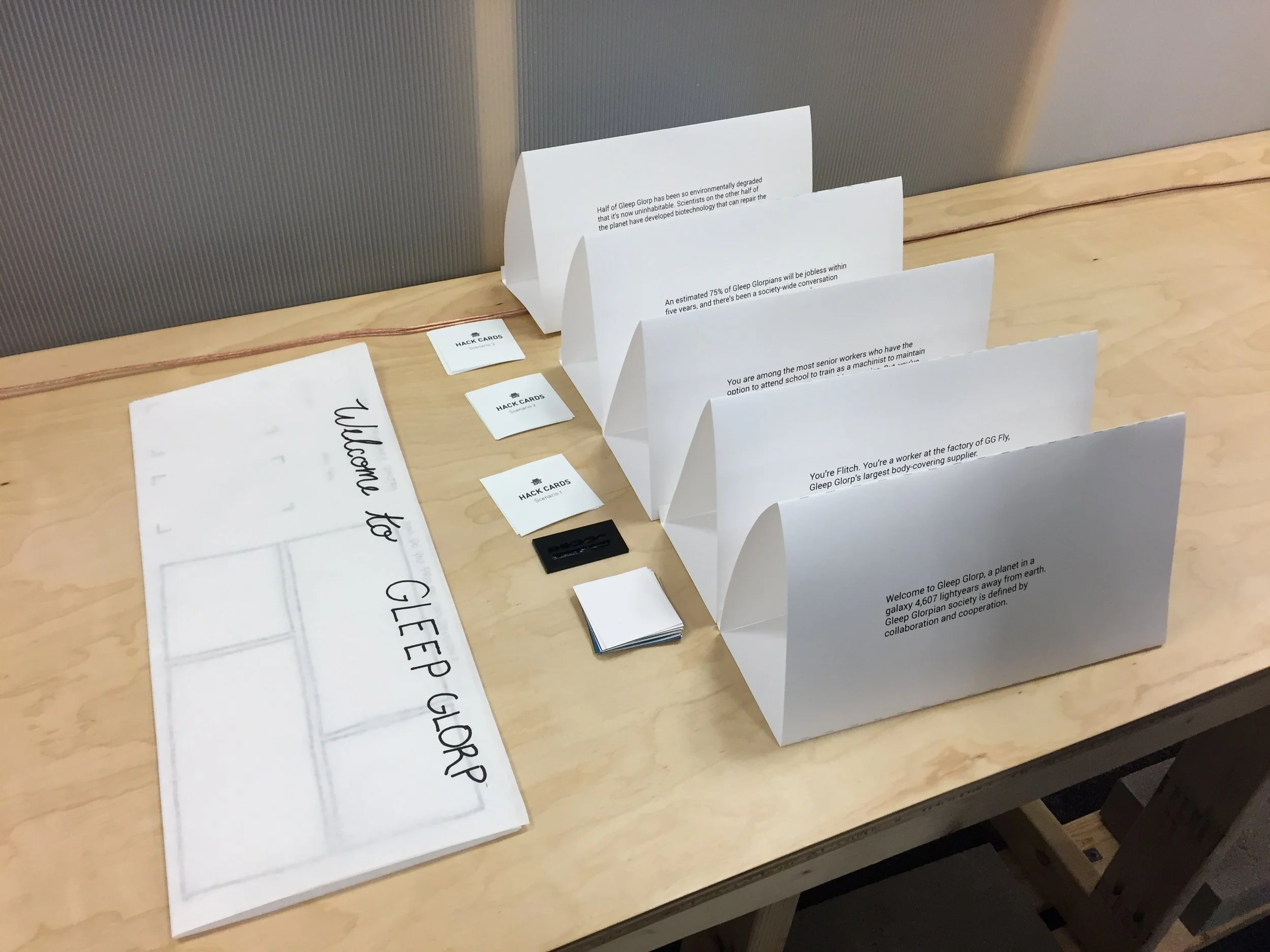  These are a few of the artifacts that were used in facilitating the workshop - namely, the main work canvas, scenario "tents" and cards that encourage participants to think about different human and non-human actors in the ecosystem.&nbsp; The scena