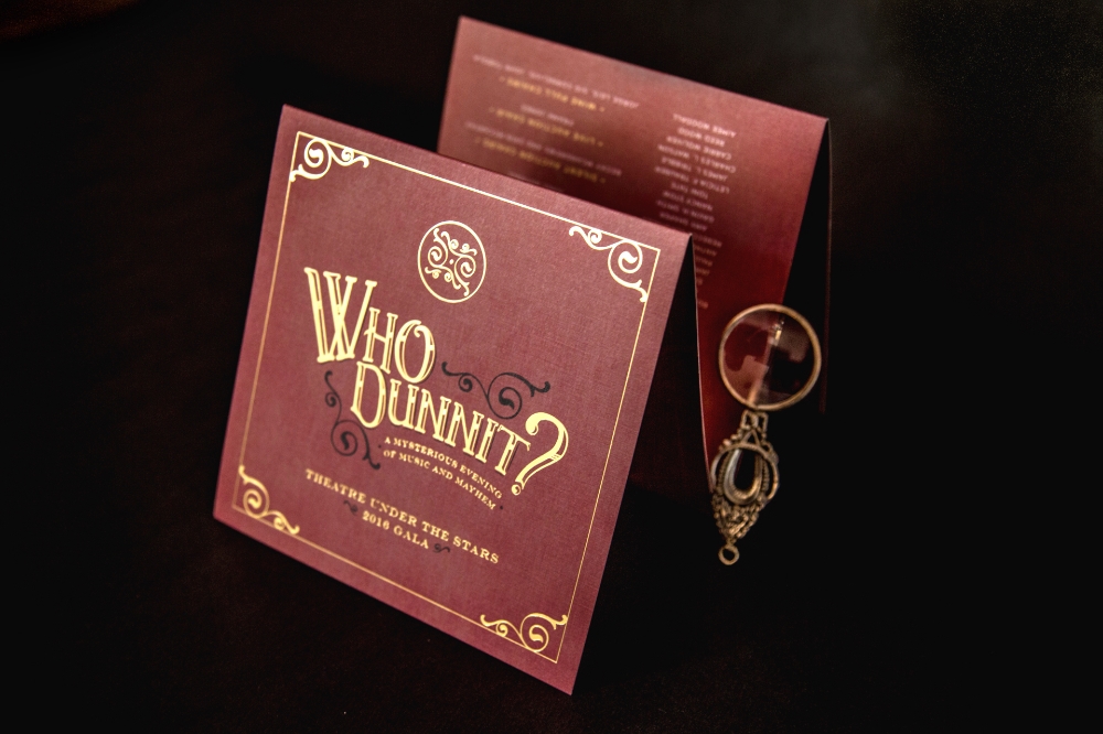 The TUTS "Who Dunnit?" 2016 Gala was a major fundraising event and murder-mystery dinner themed off of the Spring 2016 show A Gentleman's Guide to Love and Murder. The invitation design was meant to have a formal yet kitschy look and feel like a piece straight out of the early 1900s. 