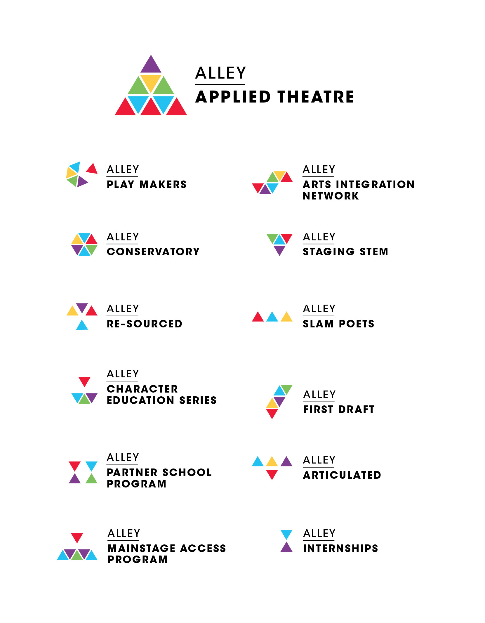 The Alley Theatre’s Education department (publicly known as Alley Applied Theatre) consists of a large number of programs, and I was tasked with developing a new branding system that simplifies the department’s initiatives and ties them in visually with the overarching Alley Theatre brand. This system uses the triangle motif that is present in the overarching Alley brand (inspired by pieces of the theatre’s architecture) to form various active shapes to represent each program in its own unique way.