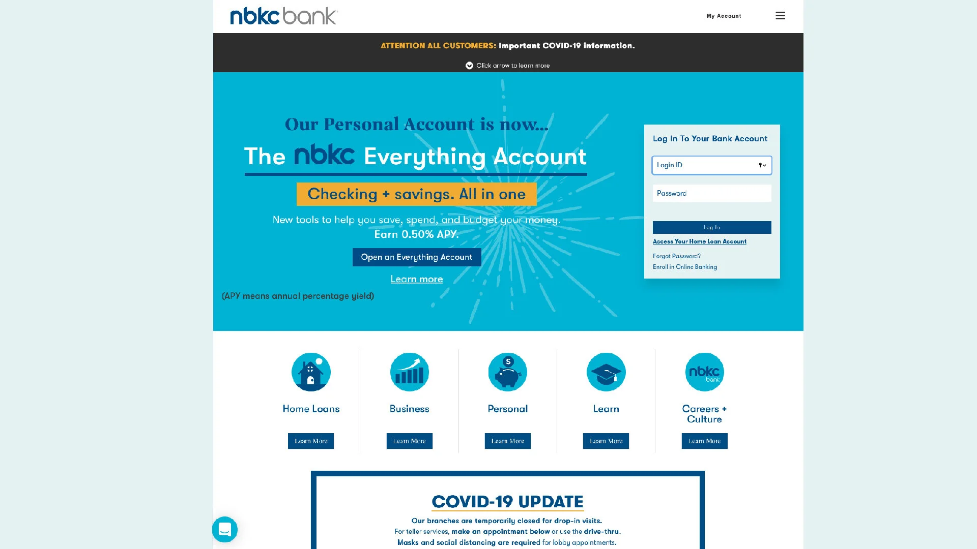  Current website homepage advertising the Everything Account. A project the marketing department designed, named, and developed marketing materials for nbkc bank. 