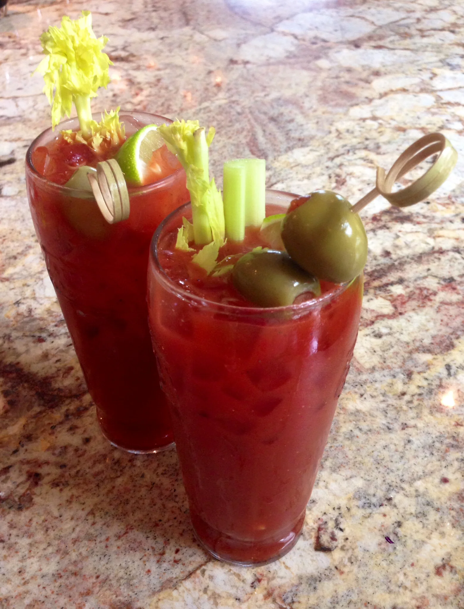 Grandpa Ron's Bloody Mary 2 oz any good vodka, preferably Greygoose 6 oz Mrs. T bloody mary mix…yes Mrs. T's 4 splashes of Worcestershire sauce 1/2 teaspoon horseradish 3-4 drops Tabasco sauce Pinch of celery seed 3 Dashes of Natures Seasoning Rim the glass with lime or lemon wedge and dip in salt Mix ingredients very well. Fill glass with ice, garnish with one stalk of celery as wells as two green olives with pimento on toothpicks. Squeeze lime wedge over the top and serve